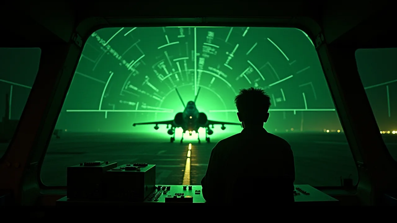 A controller silhouetted at a console inside a darkened 1980s air defence room, a green radar scope filling the window behind him, a fighter jet lit on the apron beyond