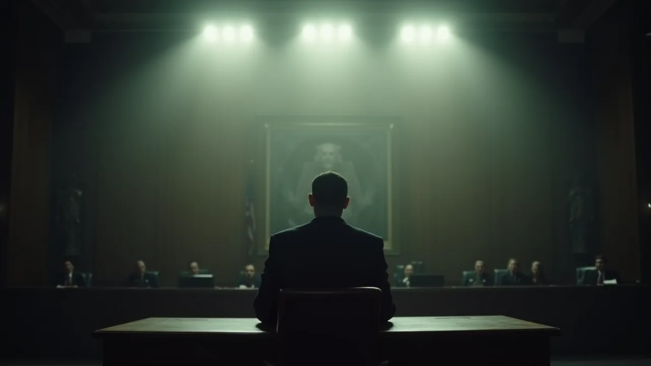 A solemn congressional hearing room, a witness testifying gravely under bright lights with an unsettling implication hanging in the air, documentary