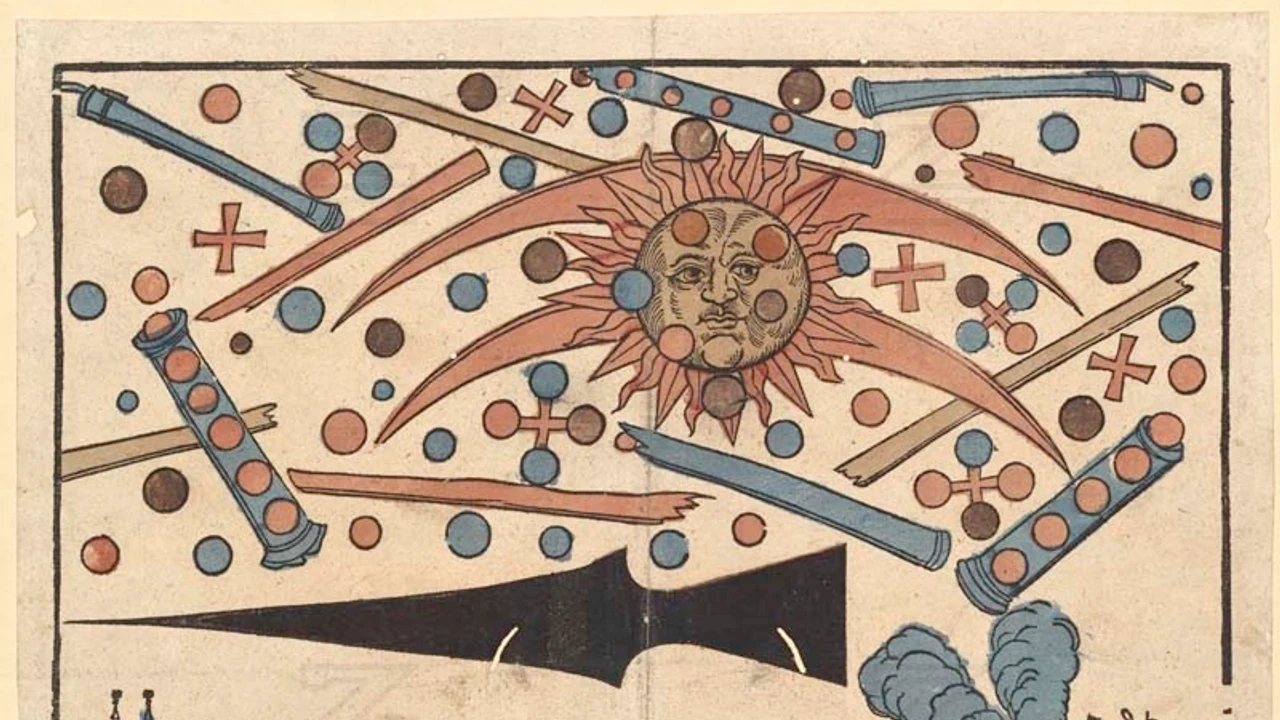 The 1561 Nuremberg broadsheet: a hand-coloured woodcut of globes, crosses, rods and a large black spear-shaped object arrayed in the sky above the walled city, with Hans Glaser's printed account beneath
