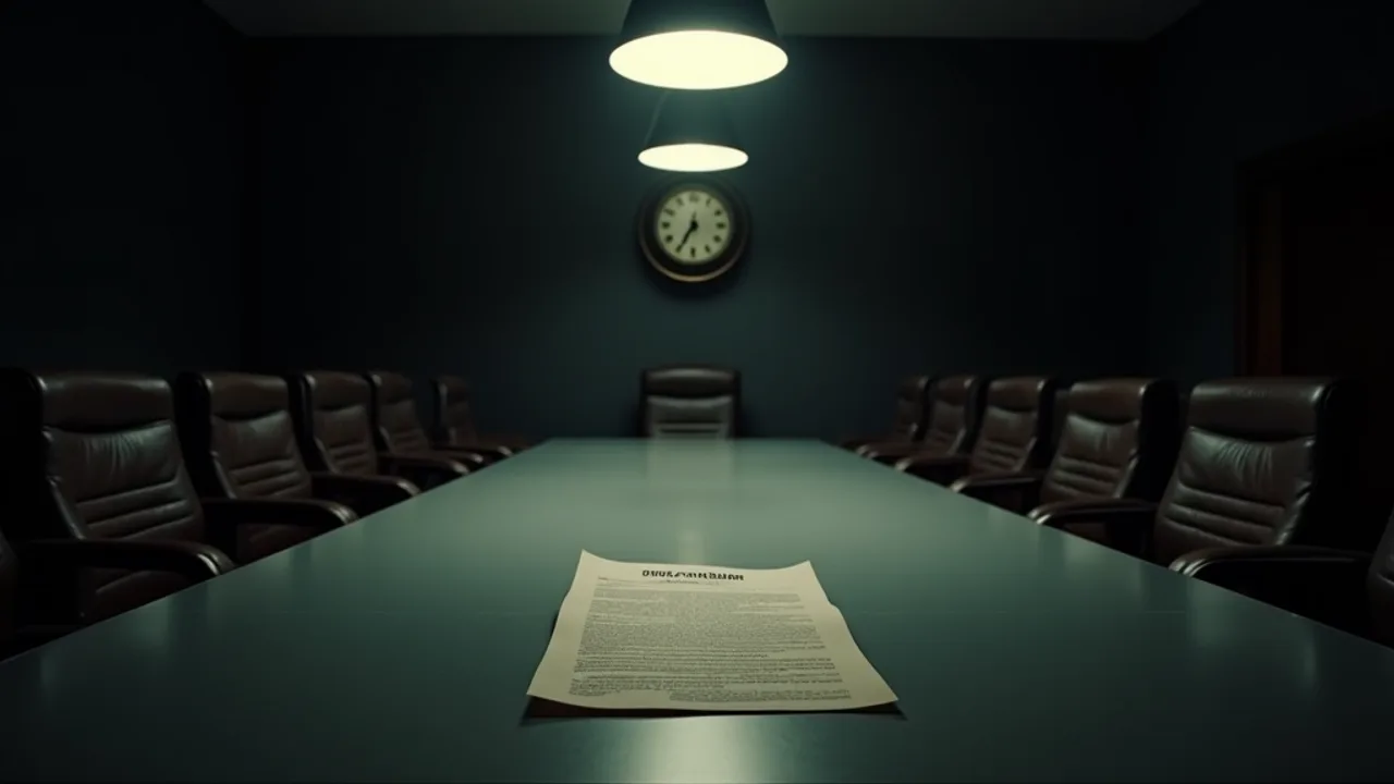 A single printed memorandum lying alone on a long empty conference table under two hanging lamps, rows of unoccupied leather chairs on both sides, a plain wall clock on the far wall, cold institutional light