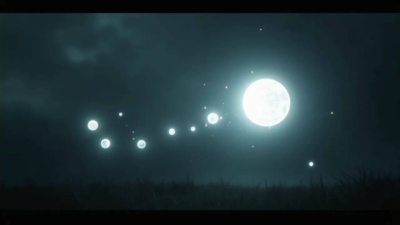 Several glowing white spherical orbs of light against a dark sky, one larger orb releasing smaller orbs, motion blur trails, mysterious, cinematic