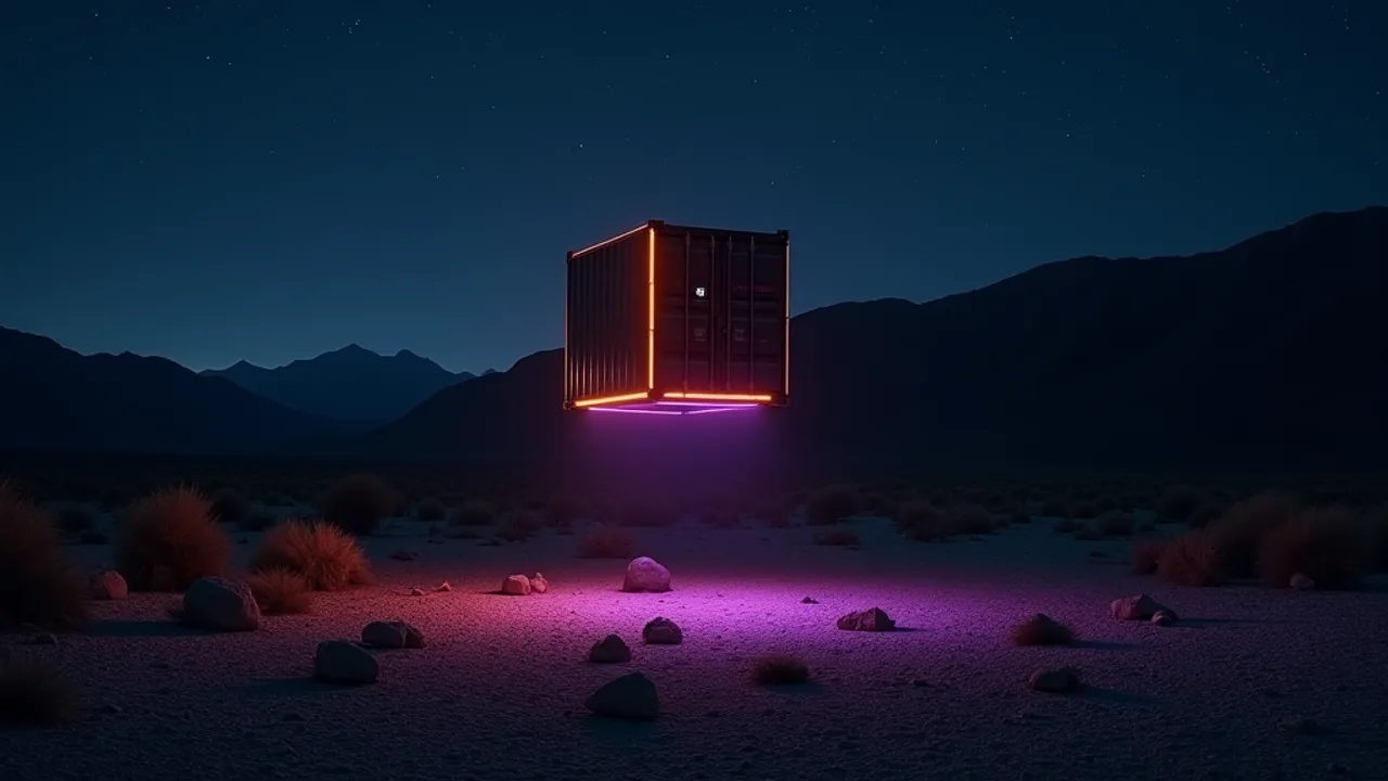 AI illustration: a box-shaped cluster of orange and purple lights the size of a semi-trailer gliding low over rocky desert at night
