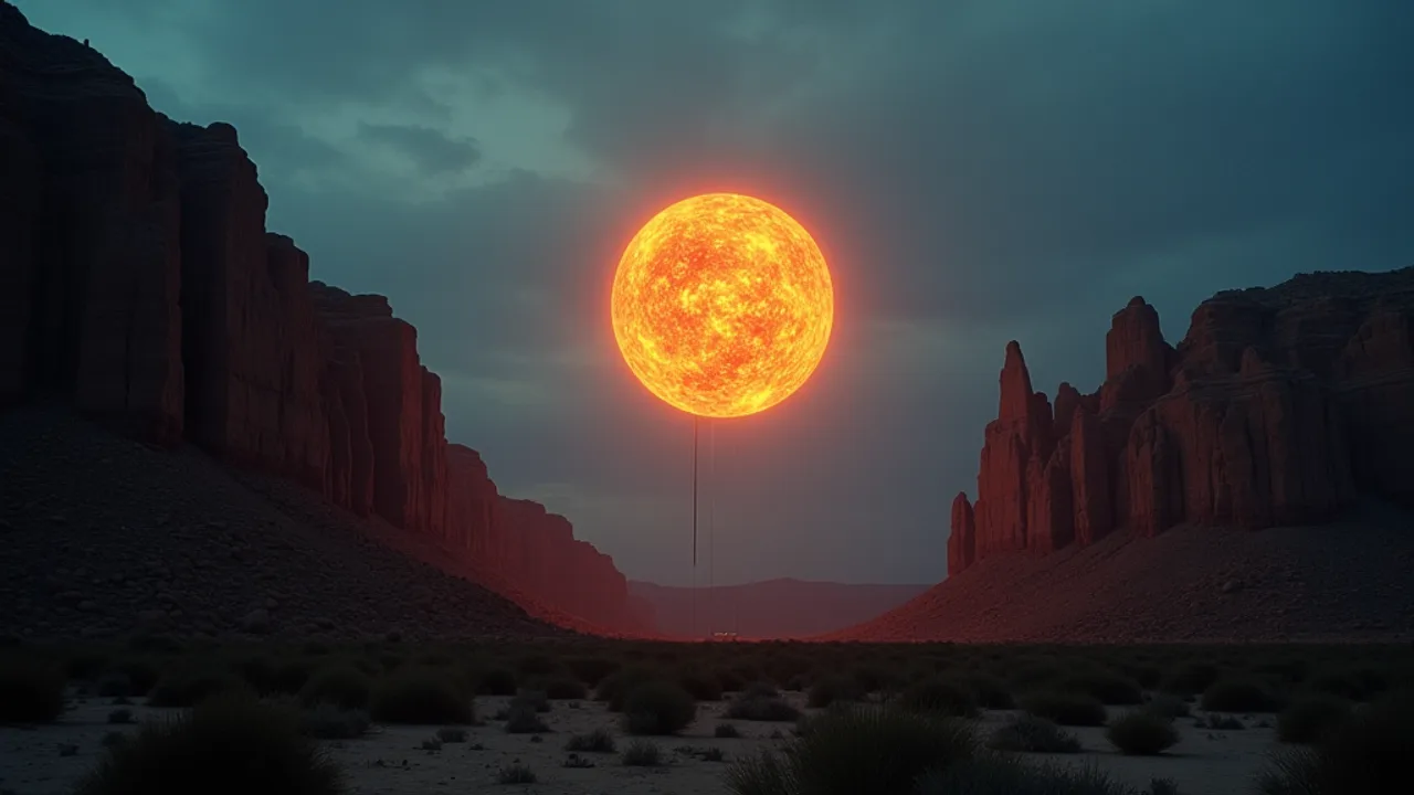 AI illustration: a round disc of swirling molten orange light hovering in front of a rock pinnacle on a desert hillside at dusk, a thin dark line hanging below it