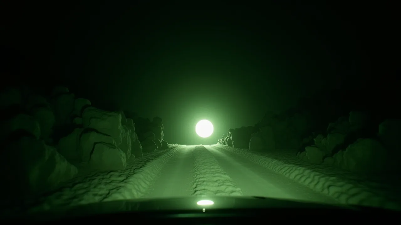 AI illustration: green night vision view through a windshield on a desert dirt road, a single white-orange glowing orb floating above the ground ahead