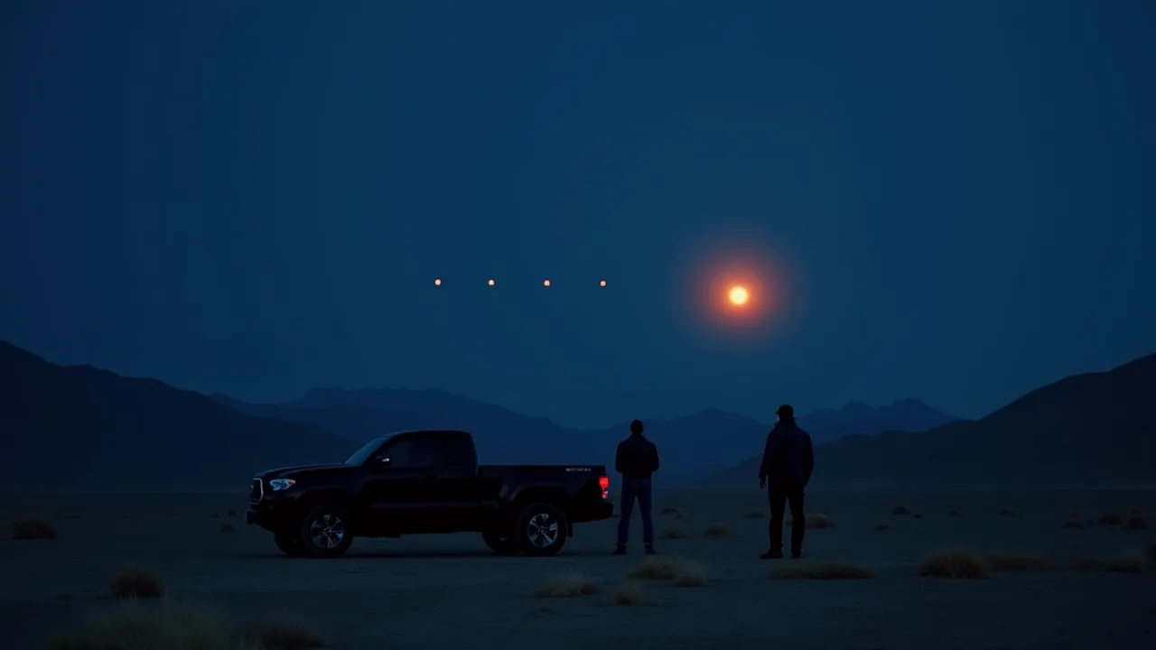 AI illustration: an orange glowing orb over a desert valley at twilight beside a row of small red lights, two people beside a pickup truck watching