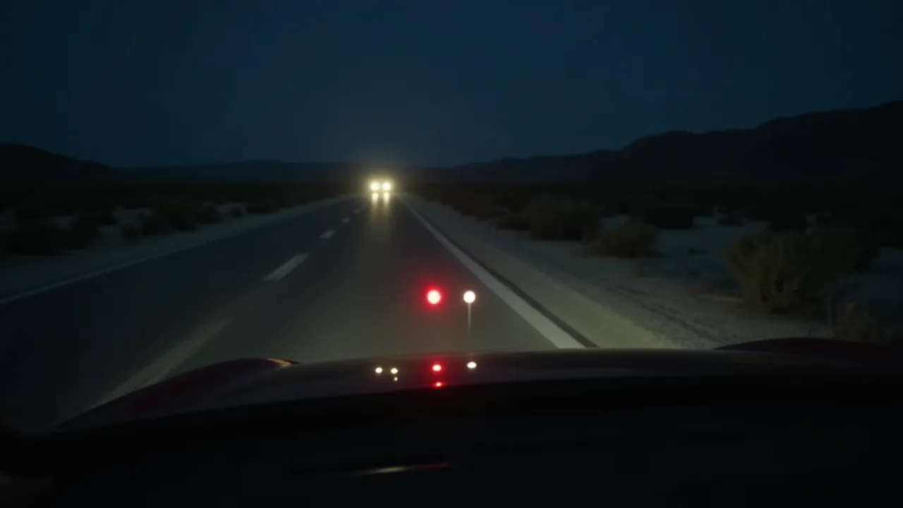 AI illustration: two lights hovering just above the sand beside a desert road before dawn, one round and red, one square and white, no vehicle around them
