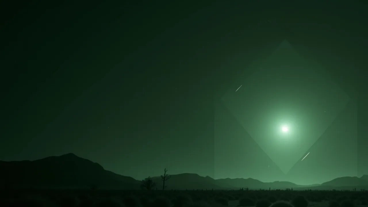 AI illustration: green night vision view of a faint transparent kite-shaped distortion floating over desert brush, a star visible through it, wisps of spider web drifting