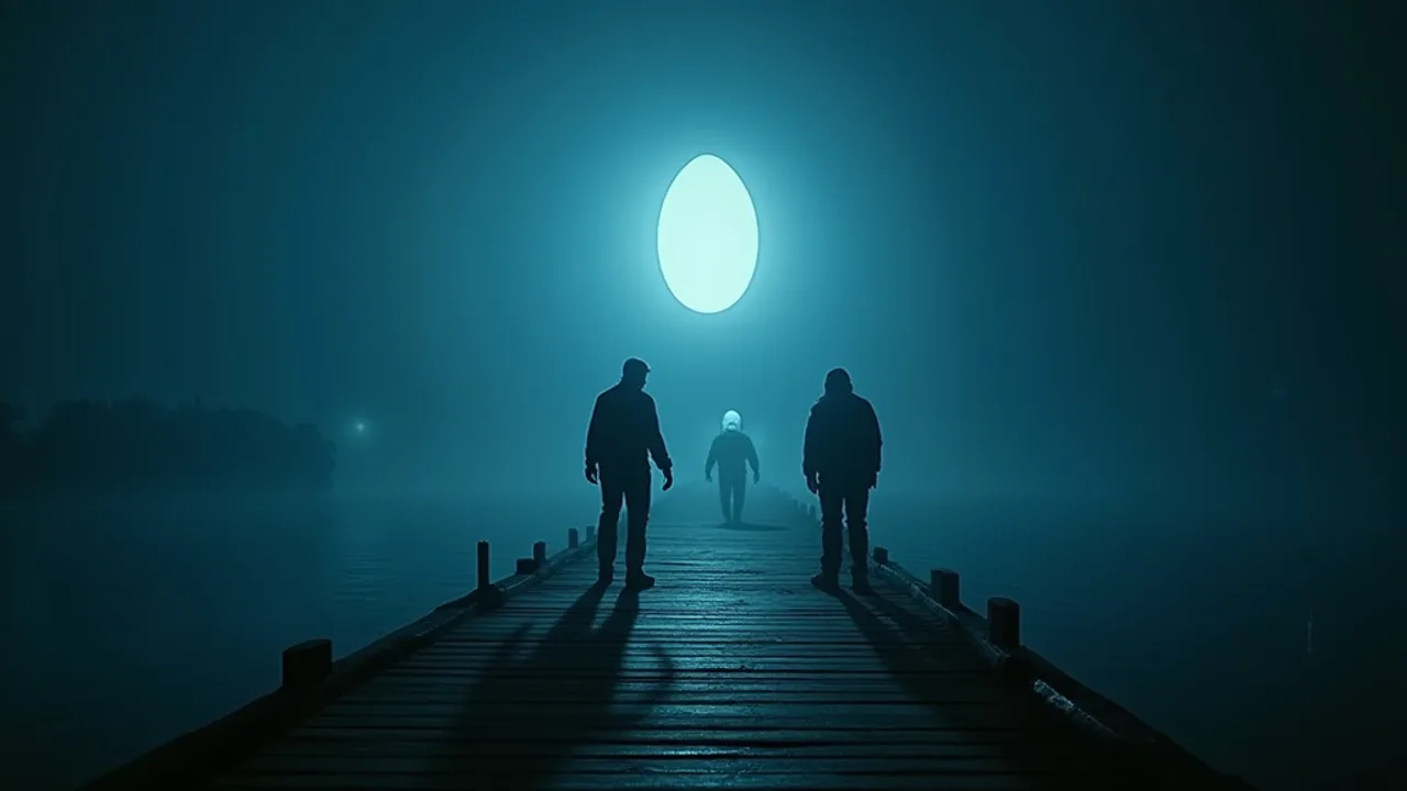 Two terrified fishermen on a dark river pier at night as an egg-shaped glowing craft hovers and pale robotic figures approach, 1973, eerie blue light