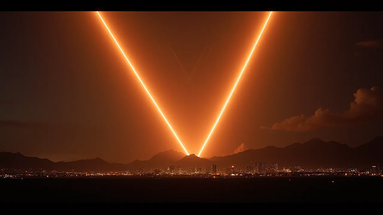 An enormous V-shaped formation of amber lights passing silently over the Phoenix Arizona city skyline and desert mountains at night in 1997, vast scal