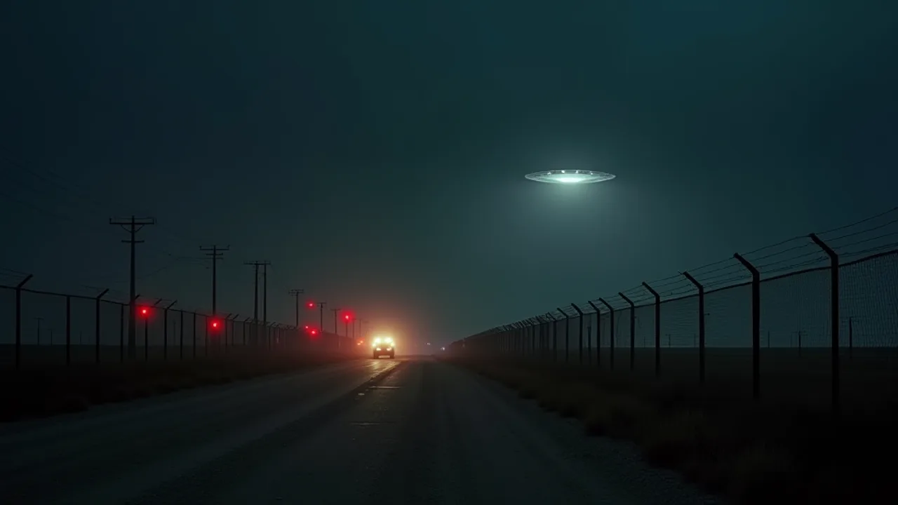 A high-security nuclear weapons facility at night on the flat Texas high plains, floodlit razor-wire perimeter fences and red warning lights, a single