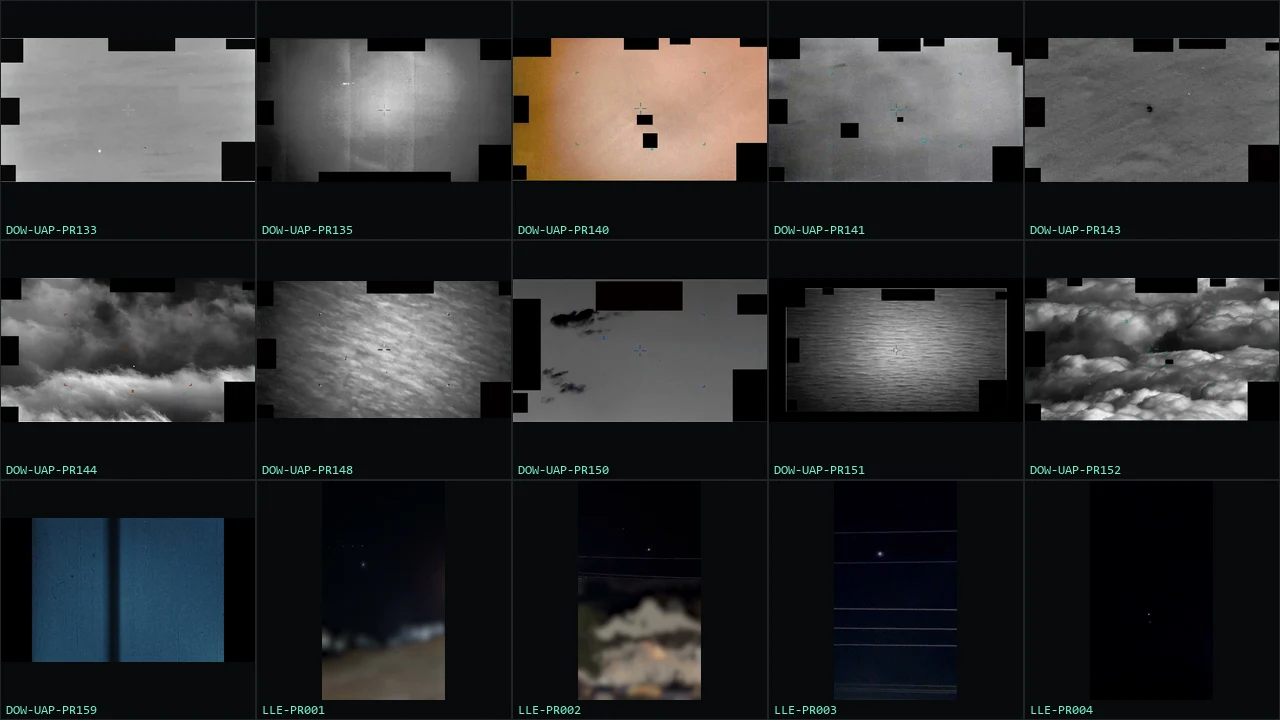 Contact sheet of fifteen frames, one from each video in PURSUE Release 06, most of them grey infrared views of sky and water with black redaction blocks, three of them vertical night phone footage