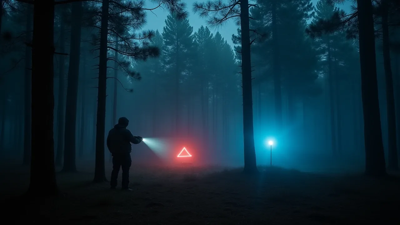 A USAF airman shining a flashlight on a small glowing triangular craft among misty pine trees in Rendlesham Forest at night, cold December air, red an