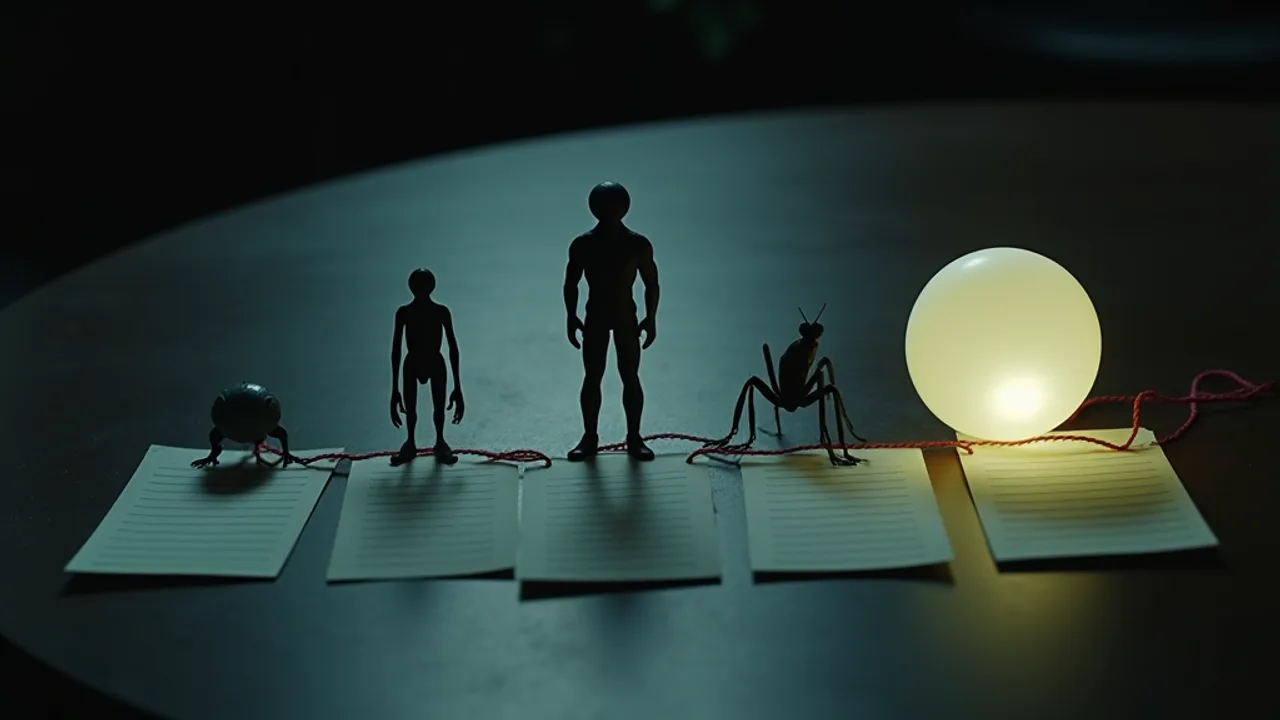 An evidence-board lineup of distinct non-human silhouettes — a small grey, a tall humanoid, a reptilian, a mantis, and a glowing plasma orb — pinned beside index cards and connected by red string