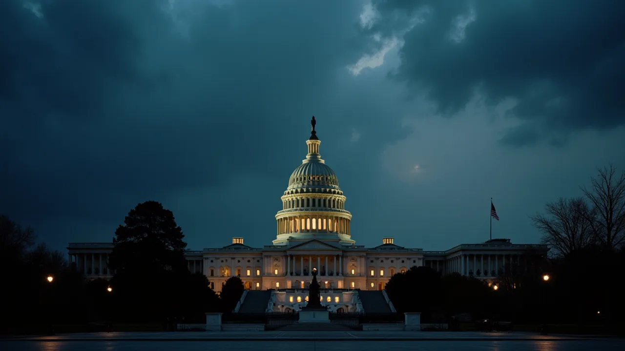 The US Capitol dome at dusk under a dramatic stormy sky with a single unidentified light in the distance, political gravitas, cinematic