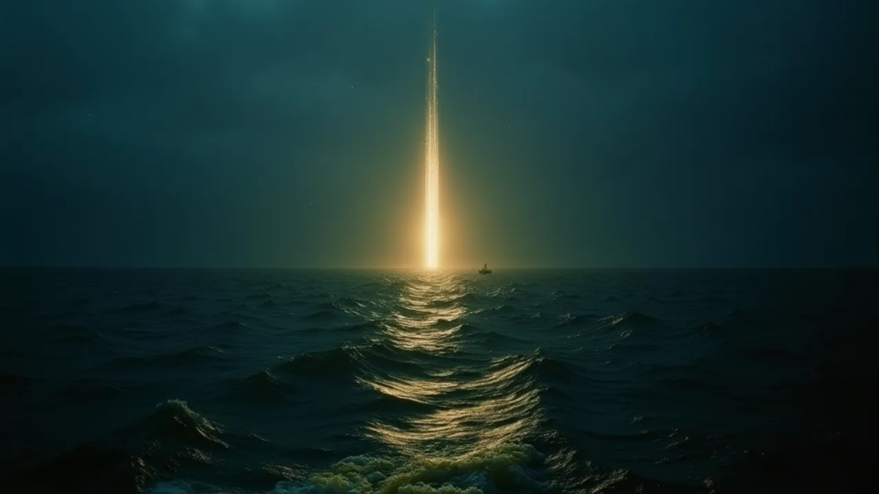 A glowing object descending into dark cold coastal ocean water at night off Nova Scotia, small fishing boats and yellow foam on the surface, 1967