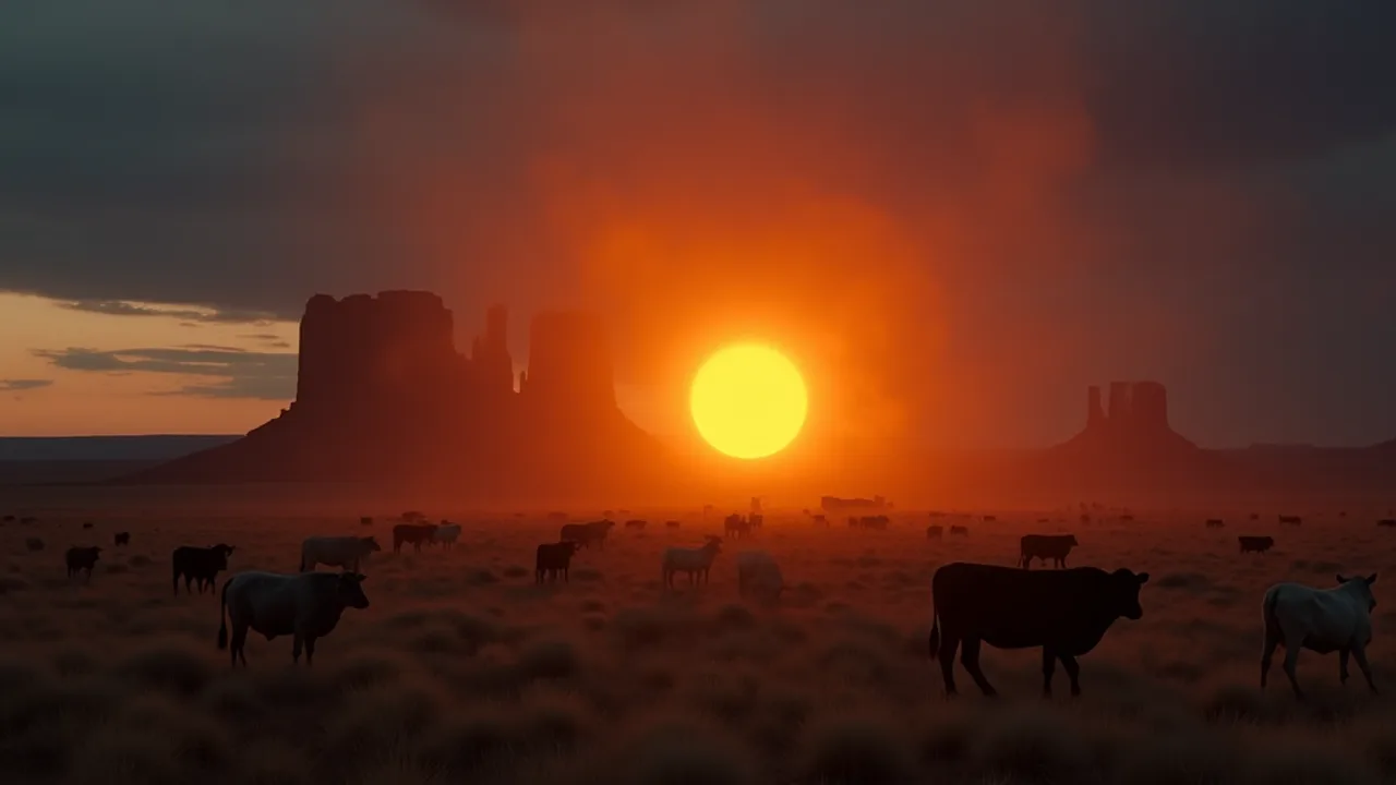 A remote Utah ranch at twilight with a mesa behind it and a strange orange portal-like glow hovering over the field, cattle in the foreground, ominous