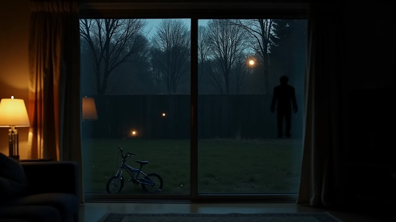 AI illustration: small glowing orbs over a dark suburban lawn seen through a sliding glass door, a child's bicycle on the grass and a black human-shaped silhouette by the fence