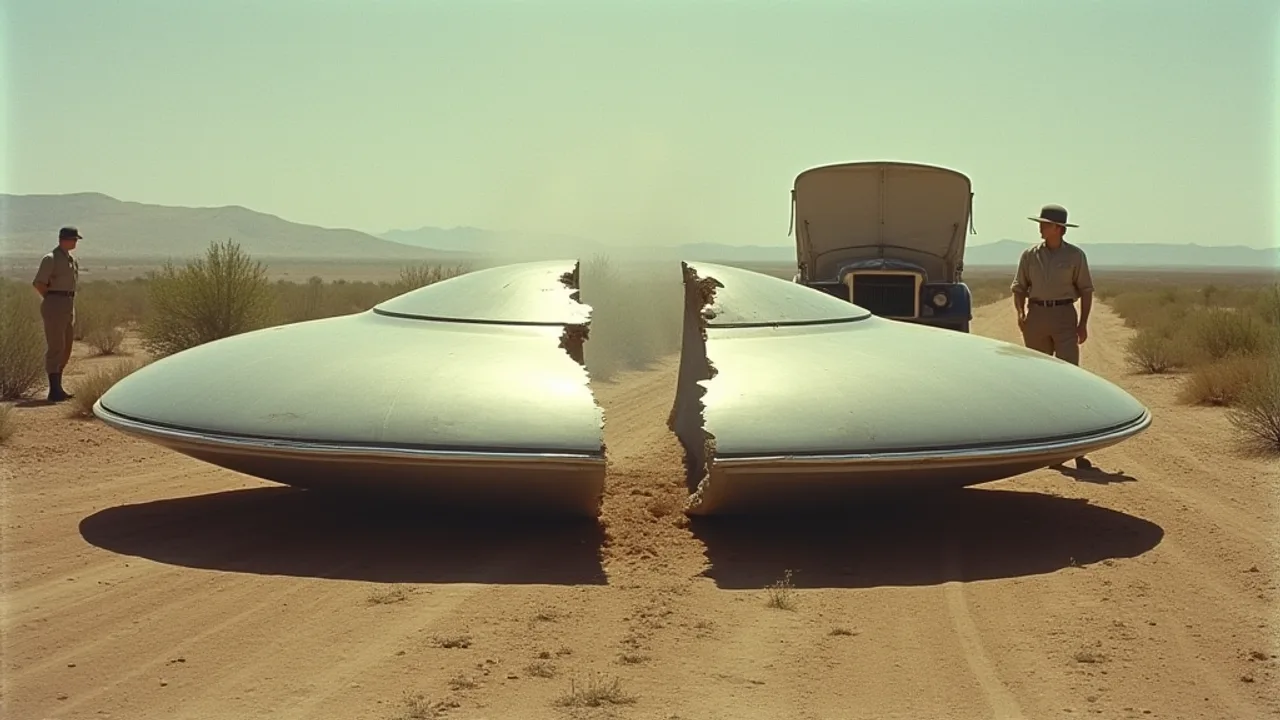 AI illustration: a silver disc-shaped craft split into two halves on a 1940s New Mexico dirt track, two soldiers and an army truck beside it