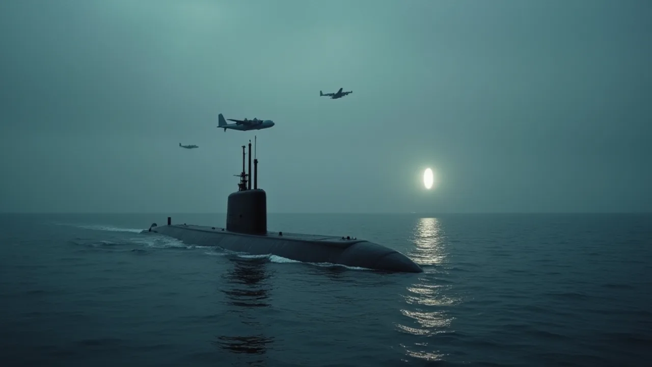 AI illustration: a surfaced black submarine on a grey ocean at dusk, patrol aircraft overhead and a bright glowing object above the horizon
