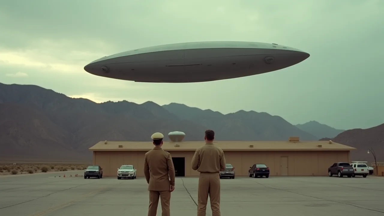 AI illustration: two naval officers in khaki on a desert tarmac looking up at a long grey oval craft above a low tan training building, mountains behind