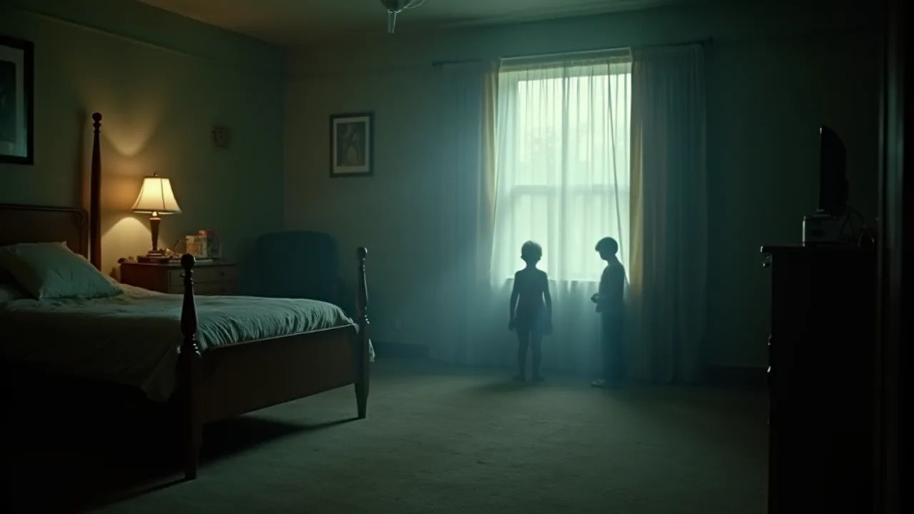 A 1950s suburban bedroom at night bathed in a shaft of light from outside, small grey silhouettes at the window, vintage film-grain abduction-drama aesthetic