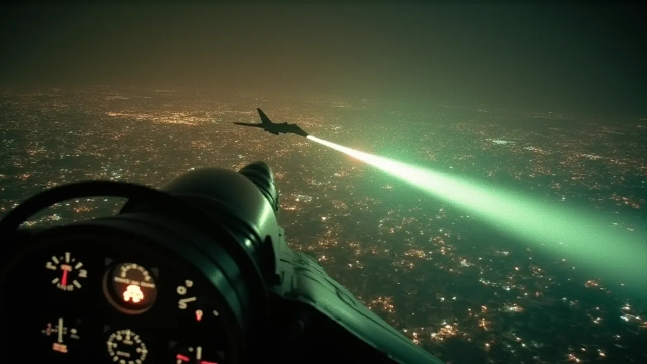 Two F-4 Phantom fighter jets at night chasing a brilliant pulsing multicolored light over the glittering city of Tehran, cockpit instruments failing