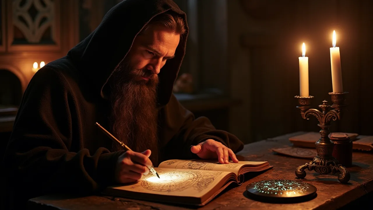 An Elizabethan scholar in a dark study gazing into a glowing obsidian scrying mirror, an angelic child-form taking shape in the glass, a grid of strange letters on the table