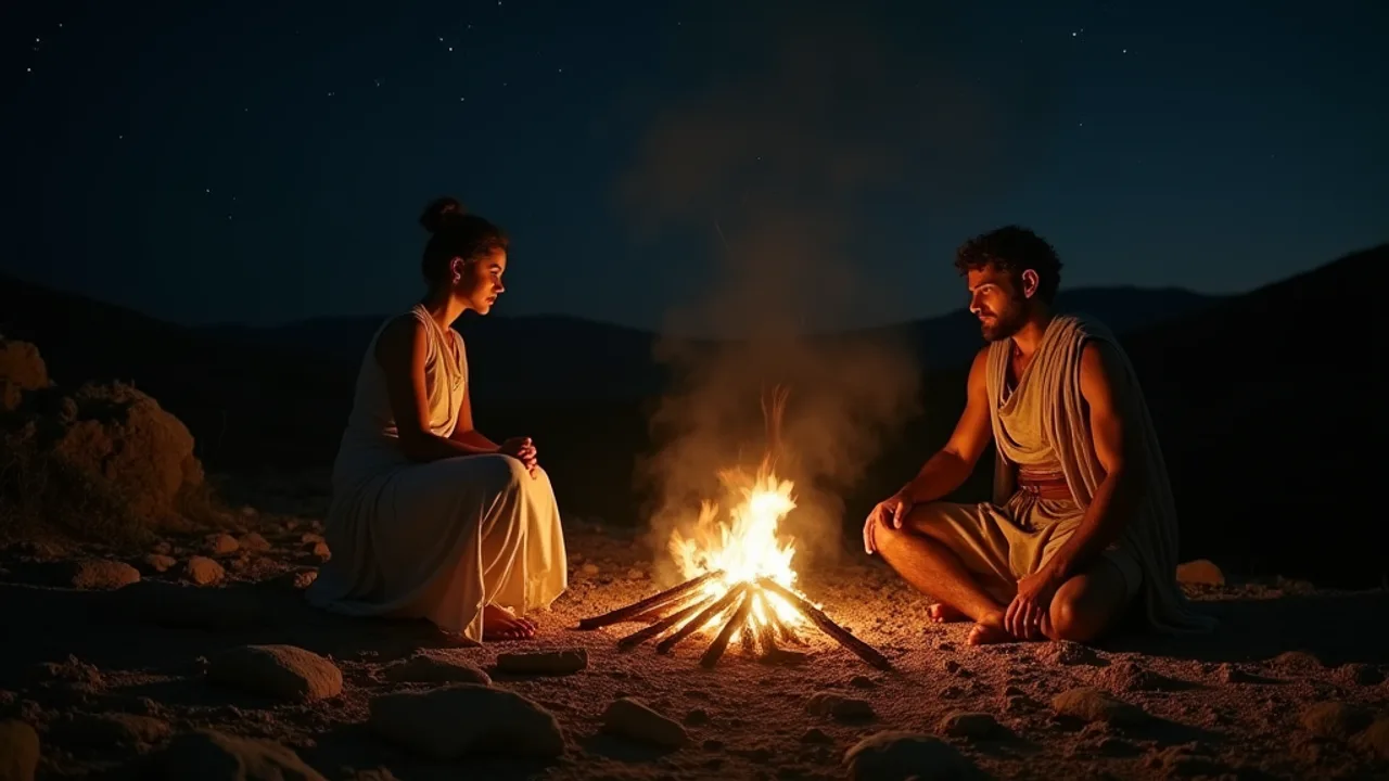 A woman in a pale robe and a man in an ancient tunic seated on opposite sides of a small fire at night on a stony hillside, the wood beneath it unburnt