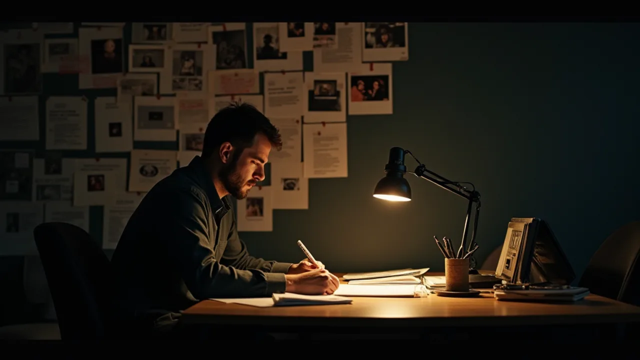 A lone investigative journalist at a lamplit desk at night reviewing UAP documents, a dark wall behind pinned with photographs connected by red string
