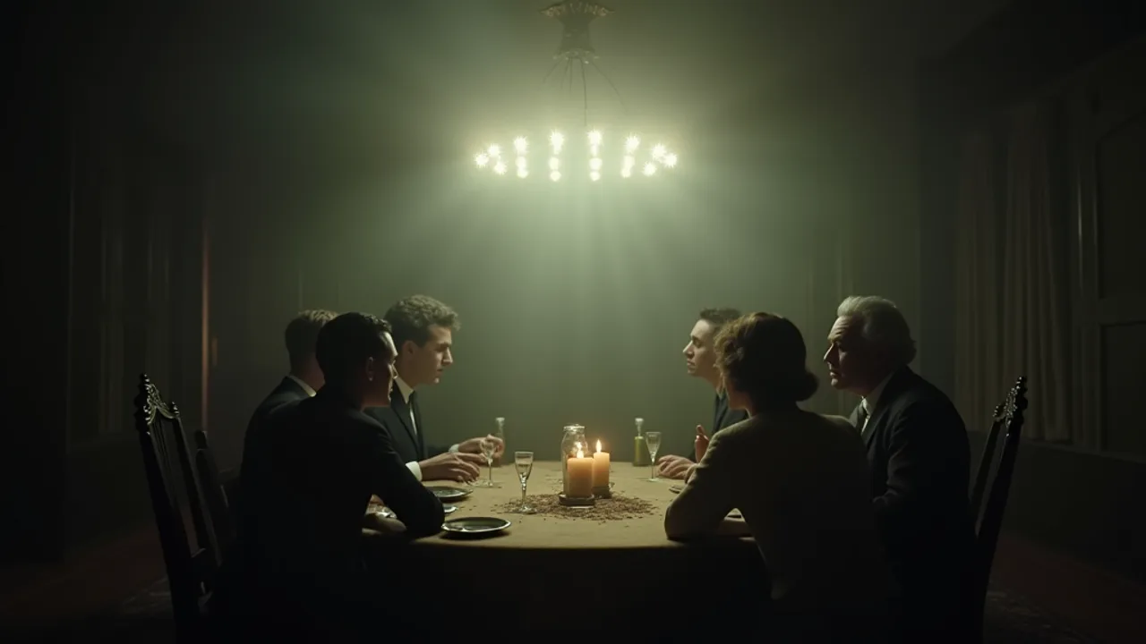 A 1950s seance, people gathered around a table channeling, a faint cosmic intelligence depicted as nine points of light hovering above them, esoteric