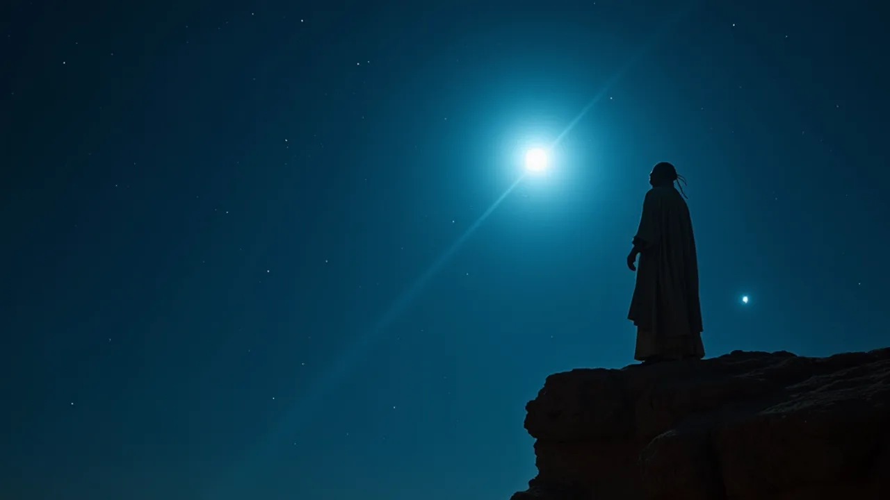 A blue-white binary star over a moonlit African escarpment, a faint dark companion star beside it, amphibious robed figures rising from still water below