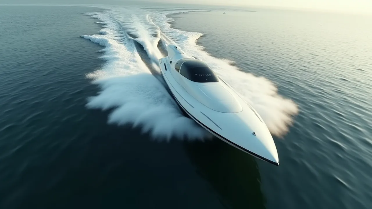 A sleek white tic-tac shaped craft performing an impossible hairpin turn at high speed just above a calm ocean surface, faint technical physics diagra