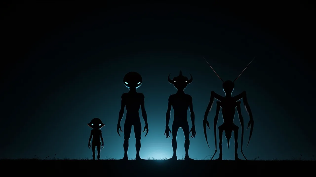 Four stylized humanoid silhouettes of differing heights and shapes lined up against a dark void, an evidence-board aesthetic