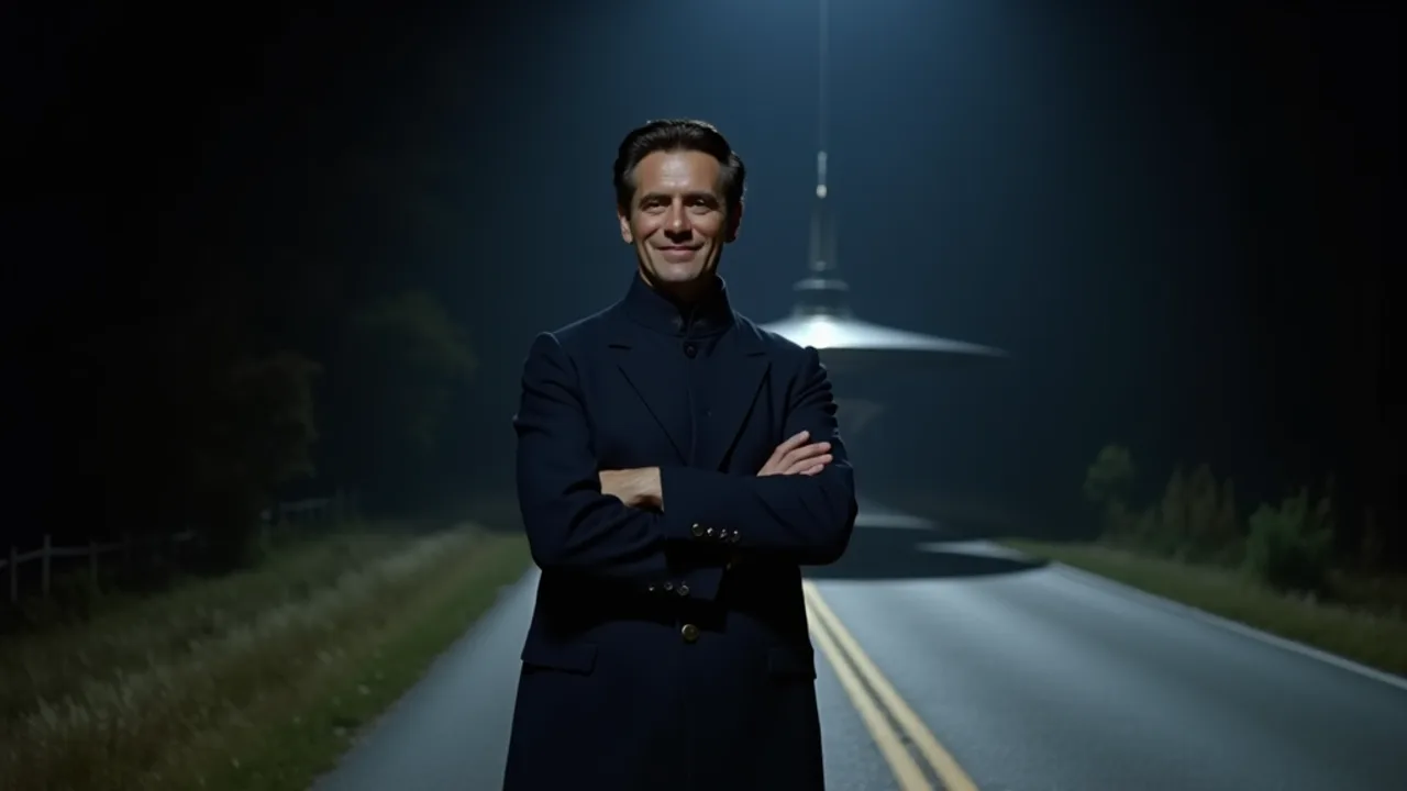 A man of about six feet standing in the middle of a dark rural highway at night, arms folded, olive complexion, black hair combed straight back, wearing a smooth dark coat with no front opening, holding a wide fixed grin, a small domed object on the verge behind him