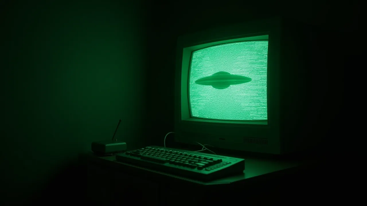 A dark room lit by the glow of an old CRT monitor displaying a wall of green text, a flying saucer faintly visible in the screen reflection, internet folklore atmosphere