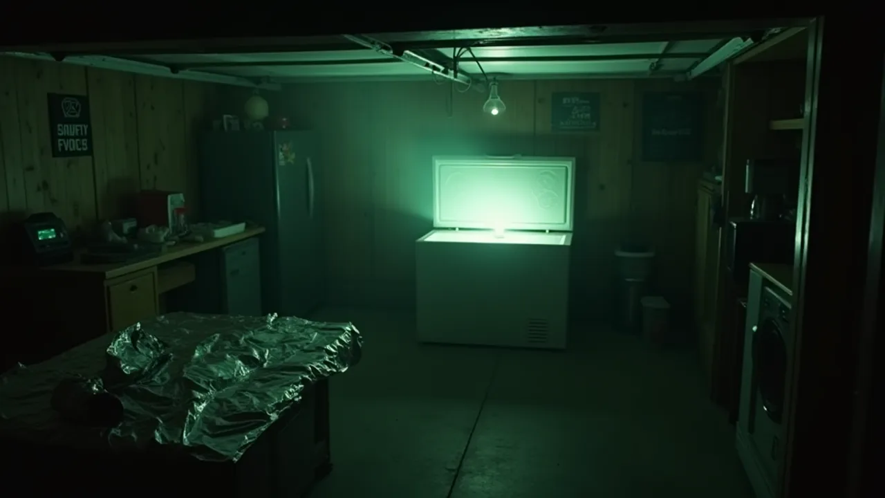 A dim 1990s garage at night with a chest freezer propped open emitting an eerie green glow, a foil blanket and old camcorder on a workbench, VHS aesthetic, AI illustration