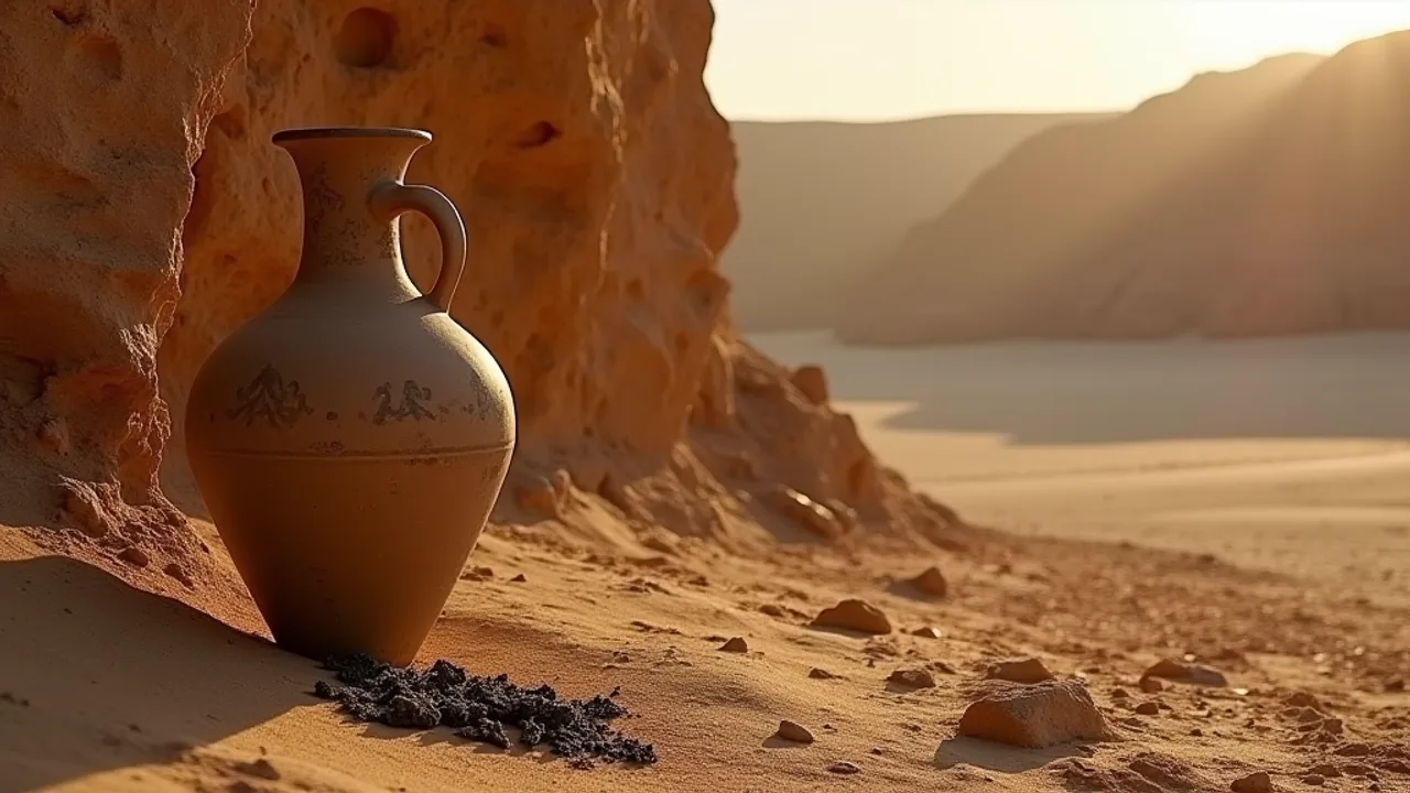 A sealed earthenware jar at the foot of a limestone cliff in the Egyptian desert at dawn, a scatter of burnt fibre in the sand beside it