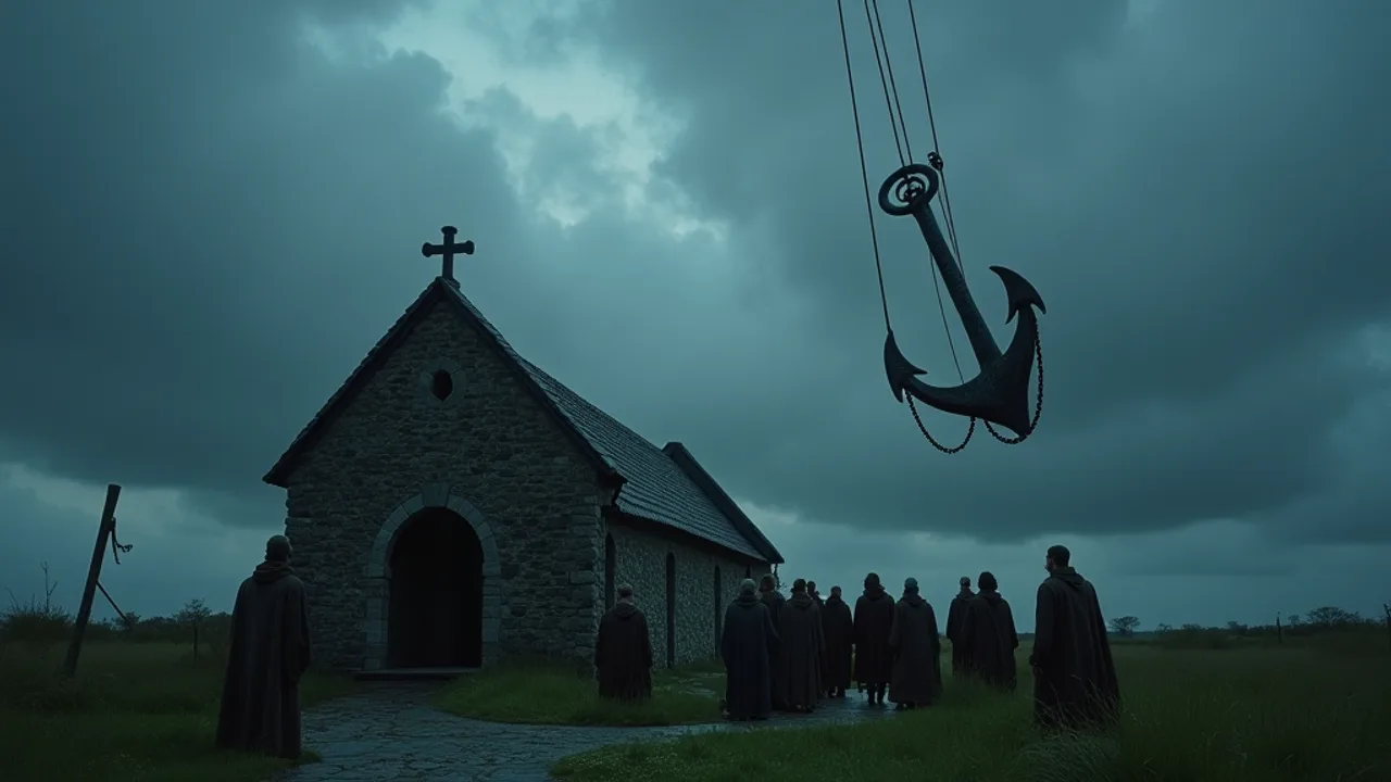 A small stone church with a round-arched door under a heavy storm sky, a large iron anchor hanging on ropes out of the clouds beside it, a line of cloaked, hooded figures standing on the wet grass watching