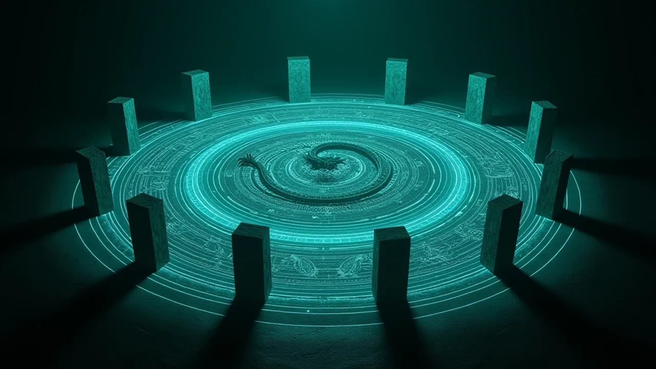 A glowing teal schematic of concentric circles ringed by standing gate markers, a serpent biting its own tail coiled at the centre