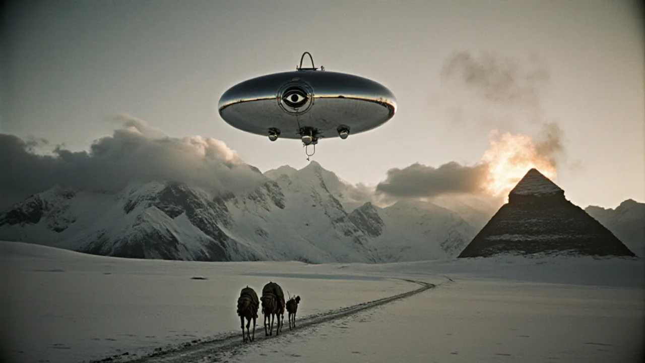 A shiny oval craft glinting above a Himalayan caravan on a high cold plateau, a faint three-sphere emblem and an eye-topped pyramid burning in the clouds above the snow