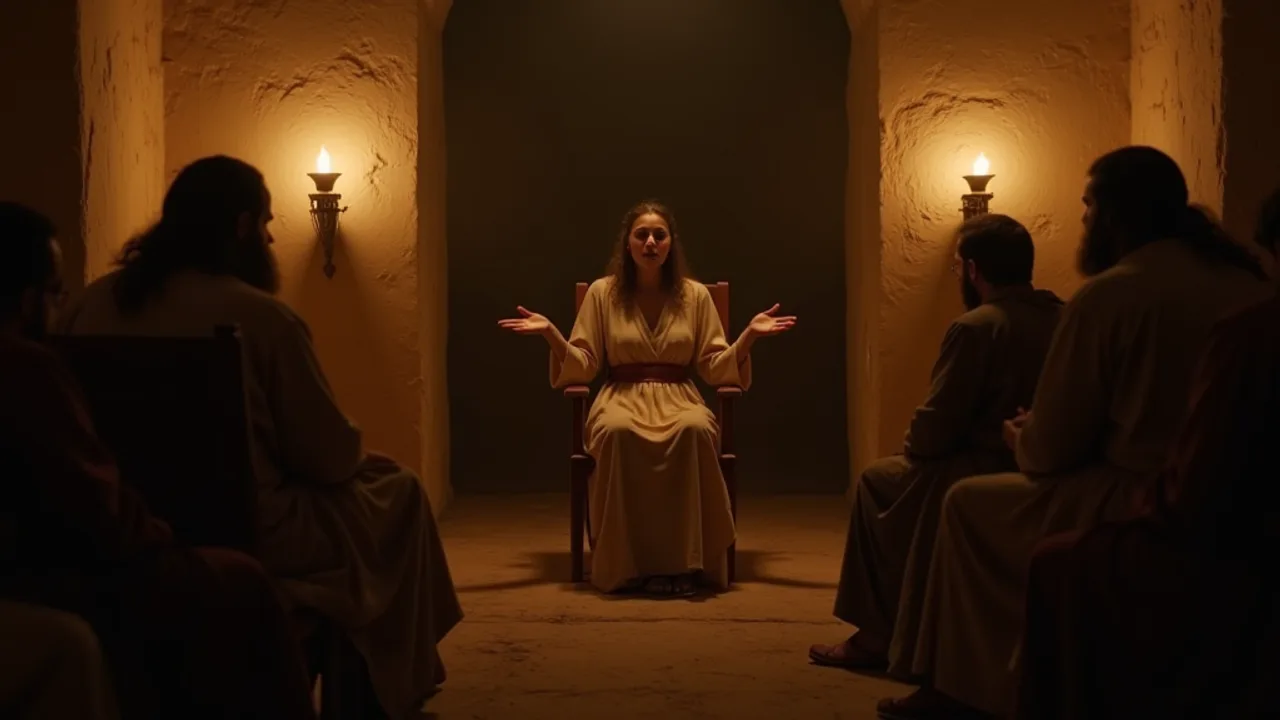 A woman speaking with open hands to a semicircle of seated bearded men in a lamplit first-century upper room, one of them turned away in disbelief
