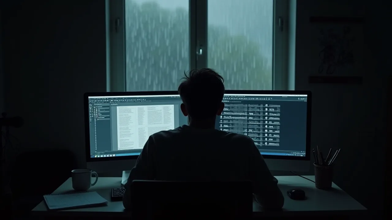 A person seen from behind at a desk in a dark room at night, lit only by two monitors showing scanned documents and rows of file thumbnails, a mug and a notebook on the desk, heavy rain streaking the window beyond