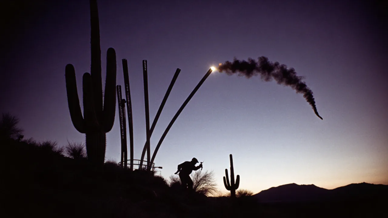 A lone man on a desert hilltop at dusk aiming a tall array of long metal pipes, a cloudbuster, toward a thin cigar-shaped light trailing black vapor across a bruised violet sky