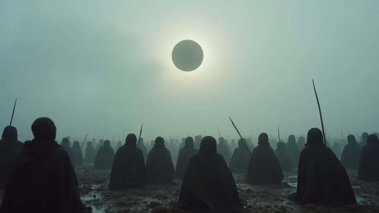 AI illustration of the described phenomenon: a small dull matte silver disc hanging where the midday sun should be in a pale overcast sky, above a crowd kneeling in a wet stony field