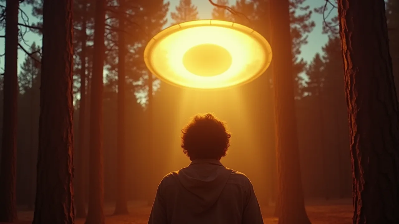 A young man frozen in fear as a brilliant glowing golden disc hovers above an Arizona pine forest clearing at dusk and a beam of light strikes him, 19