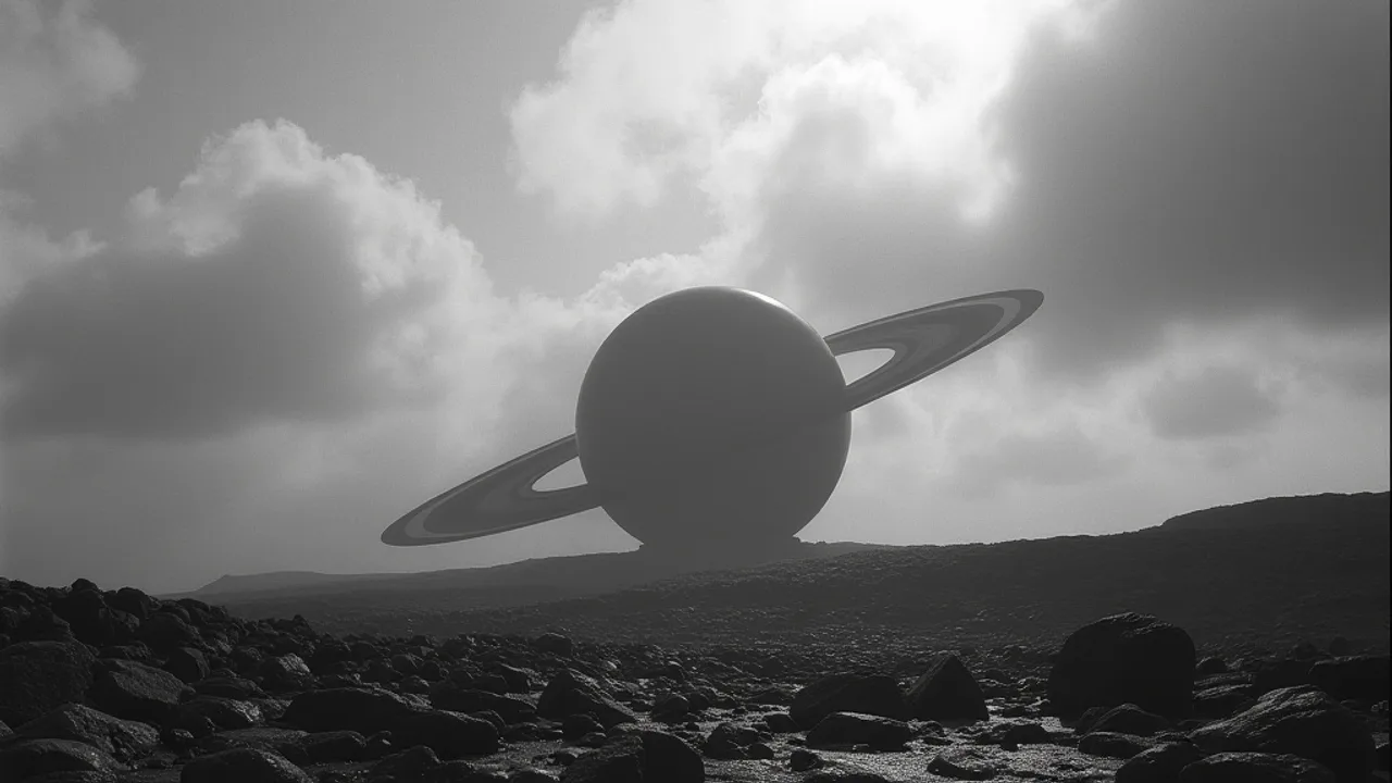 A grainy 1958 black and white photograph of a Saturn-shaped domed disc against a cloudy sky over a rocky South Atlantic island, vintage navy photo, au