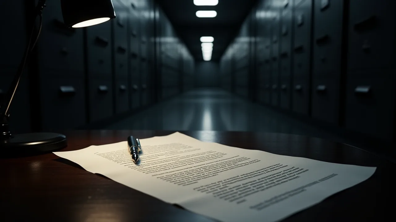 A single unsigned document lying on a dark government desk under a hard desk lamp, a fountain pen resting across it, a long corridor of locked steel filing cabinets receding into shadow behind it, AI illustration