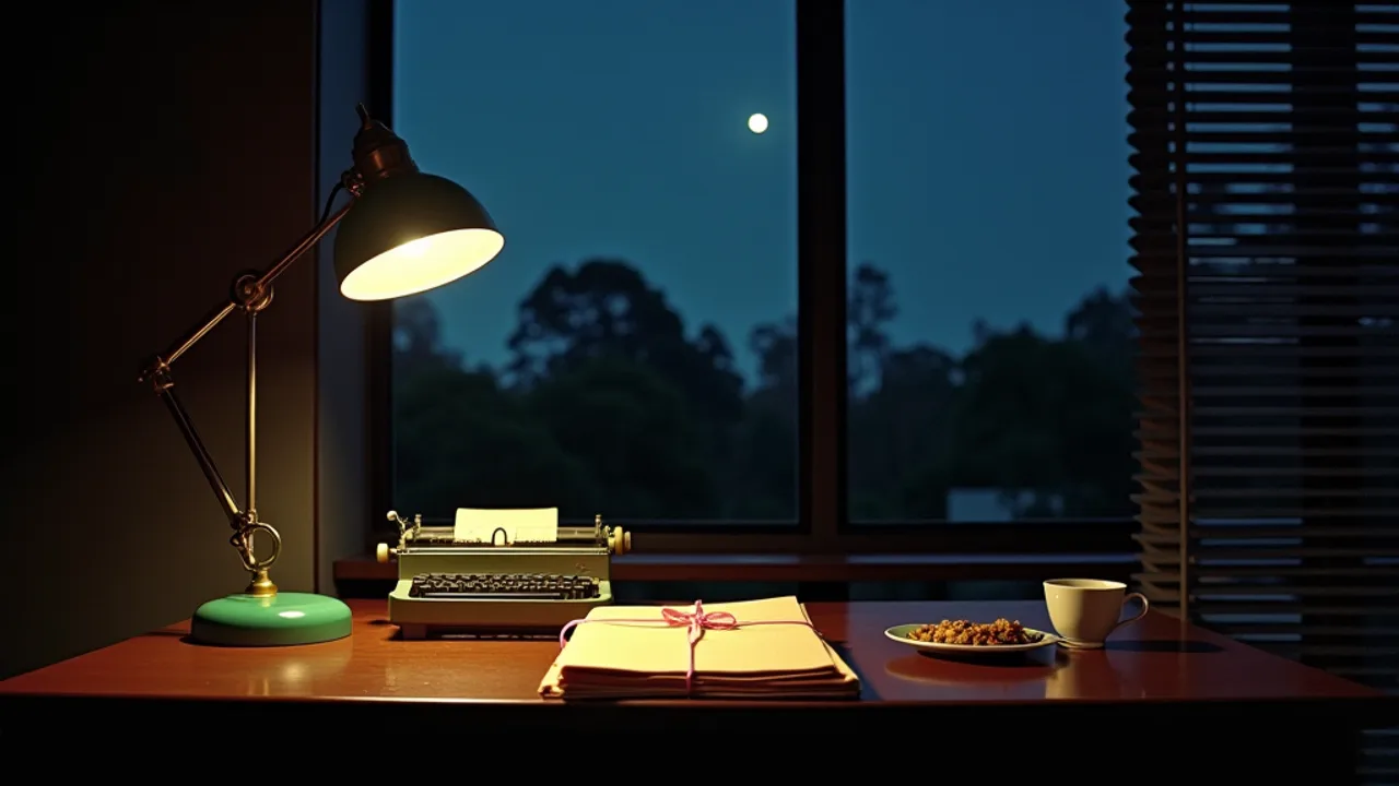 AI illustration: a 1971 government office at night, a desk lamp, typewriter and a file tied with pink ribbon, a small light above the trees outside the window