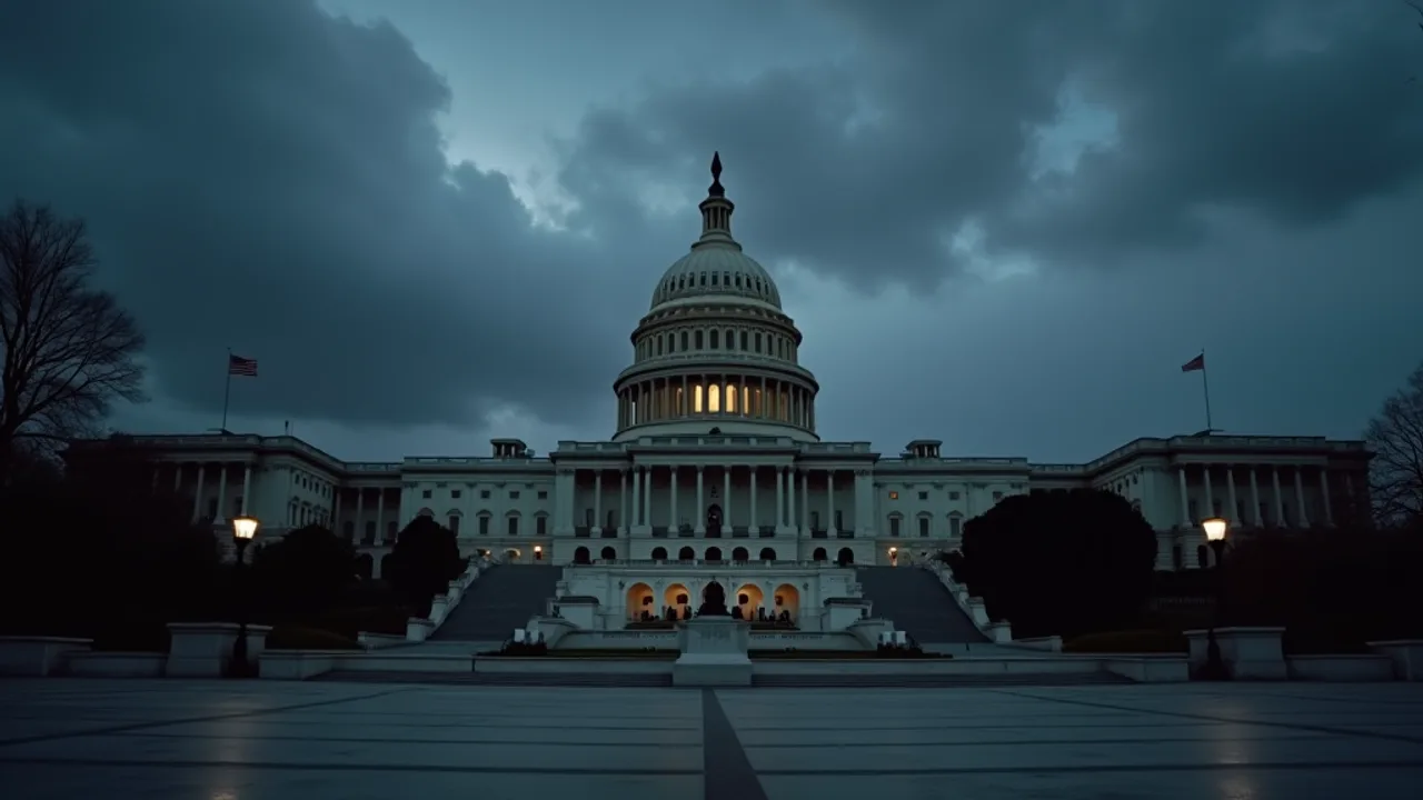 The US Capitol dome at dusk under a heavy bruised grey sky, a single unsigned legislative document lying half in shadow on the cold marble steps in th