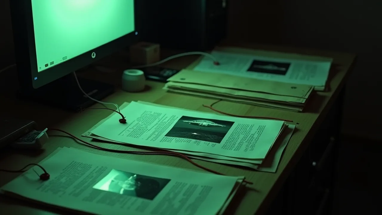 A dim intelligence-analyst desk at night covered with manila dossiers, redacted documents and pinned photographs of unidentified craft connected by red string, a green-glowing monitor, an accountability investigation mood